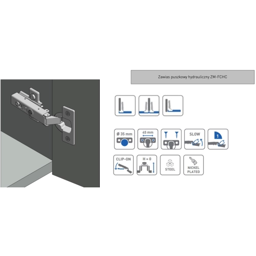 Zawias Meblowy Cichy Domyk Nakładany Ze Spowalniaczem GTV Prosty Clip-On ZM-FCHC090BEO